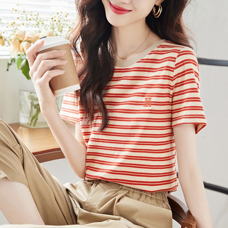 【單件/套裝】純棉休閑條紋時尚短袖T恤+松緊腰百搭休閑褲兩件套
