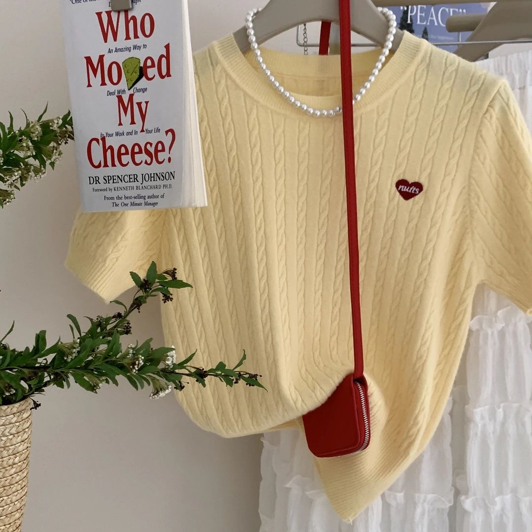 韓系麻花愛心刺繡軟糯針織薄款正肩短袖t恤