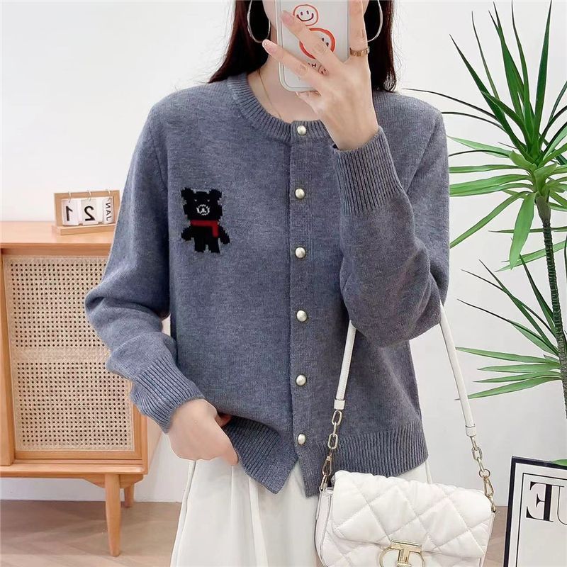 韓版百搭圓領紅色毛衣外套小熊針織開衫