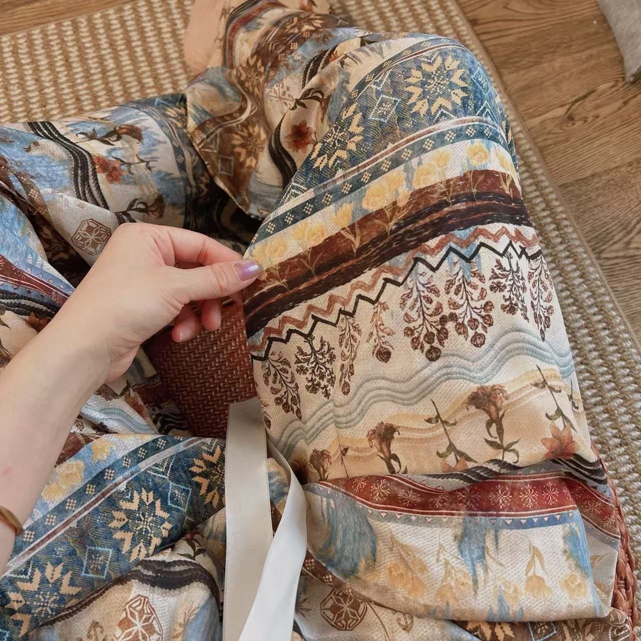 甜美印花波西米亞吸濕排汗寬鬆休閒闊腿九分褲