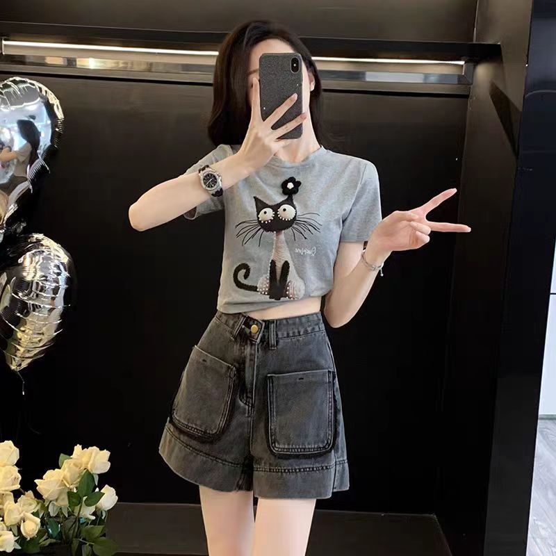 【單件/套裝】復古減齡休閒運動風T恤+牛仔短褲兩件套裝