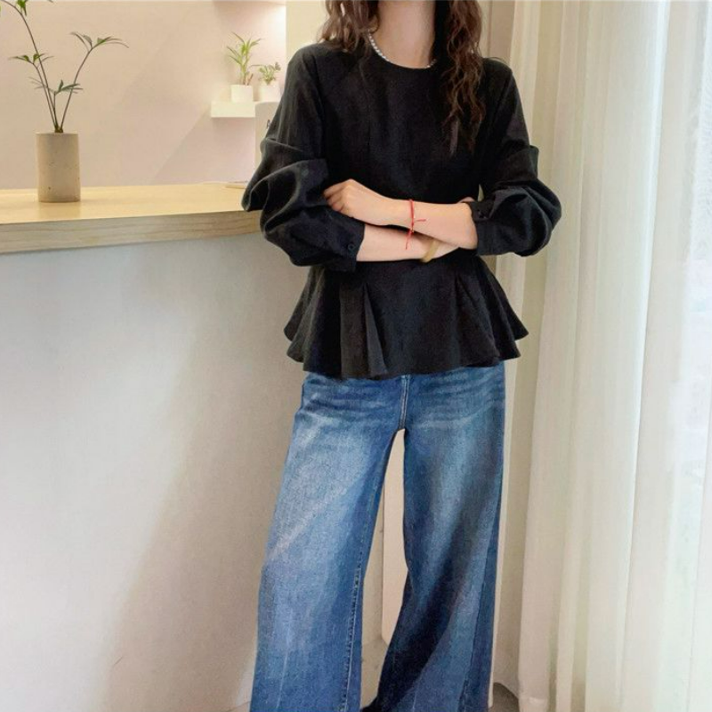 時尚寬鬆百搭短版荷葉邊收腰純棉襯衫