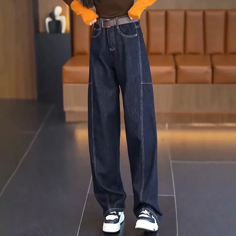 百搭休閒修飾腿型顯瘦遮肉彎刀闊腿牛仔褲-Cicimode