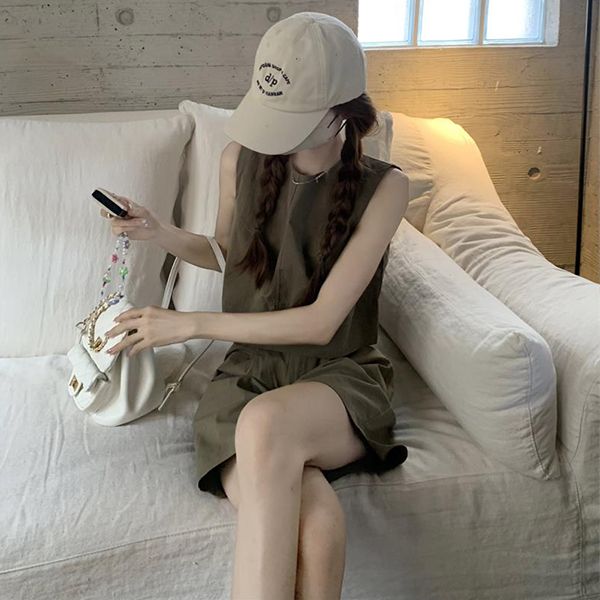 簡約休閑寬松背心上衣高腰闊腿短褲夏季兩件套