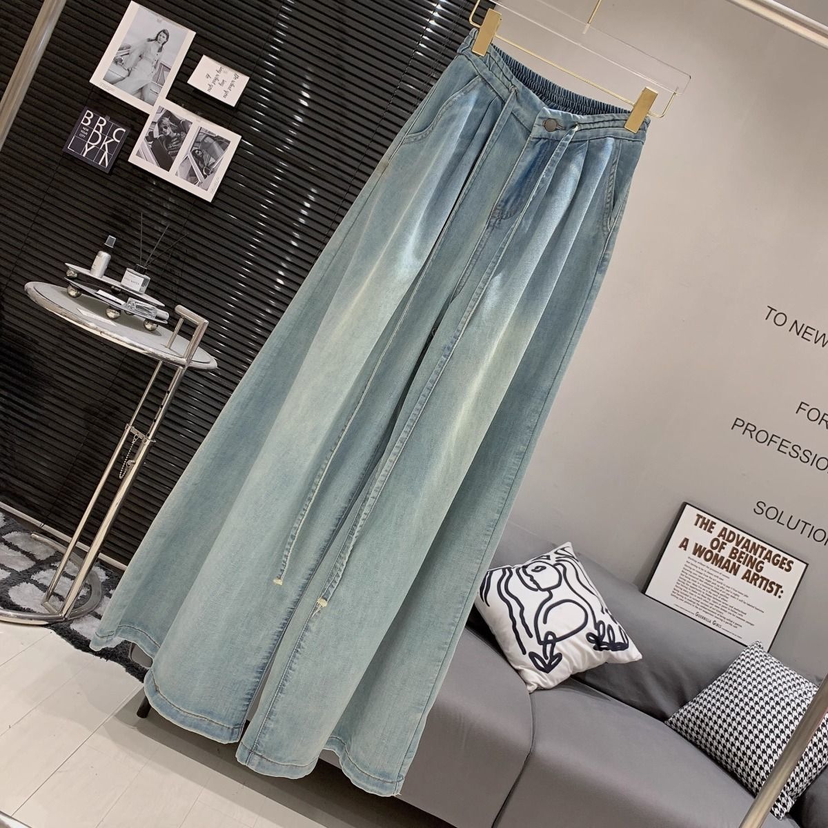 水洗做舊抽繩寬鬆高腰垂感牛仔拖地闊腿褲-Cicimode