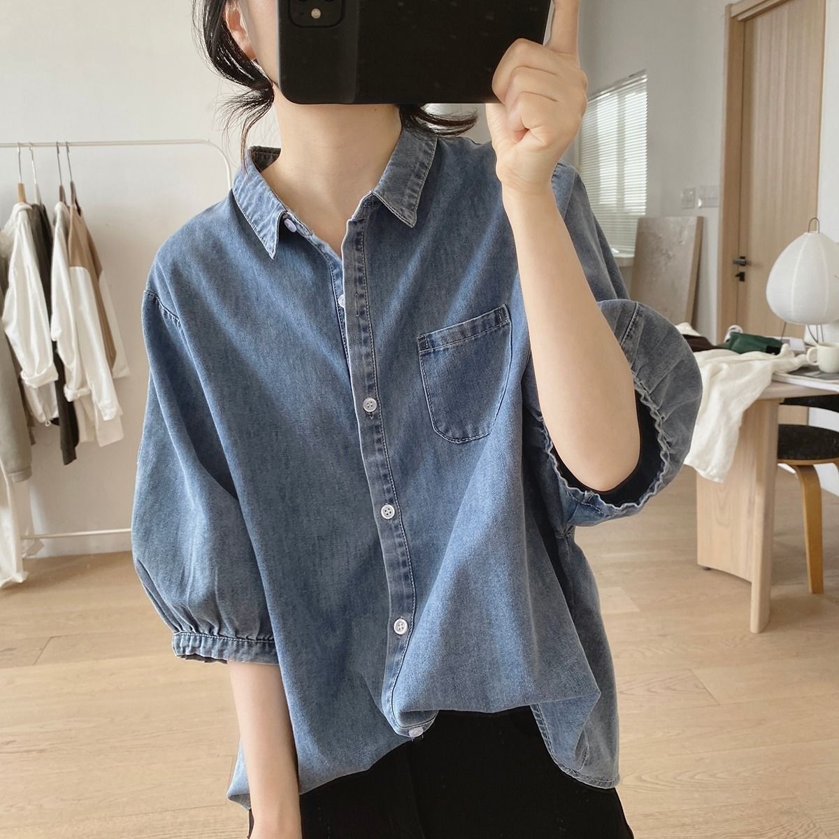 燈籠袖襯衣女夏季新款寬鬆顯瘦復古五分袖小眾設計感簡約牛仔襯衫