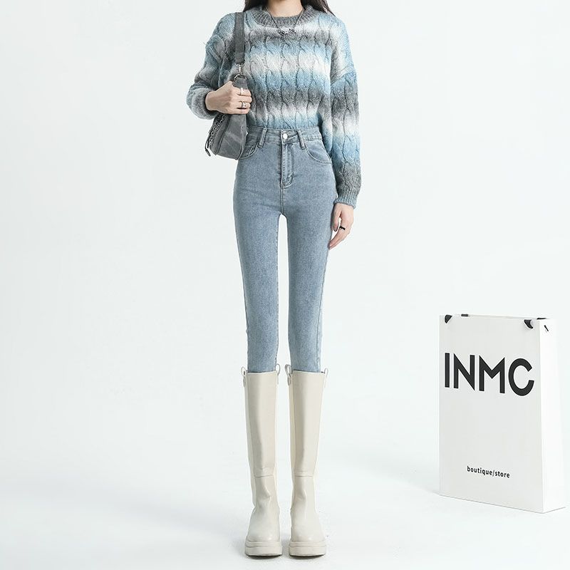 淺藍休閒彈力高腰修身顯瘦小腳牛仔褲