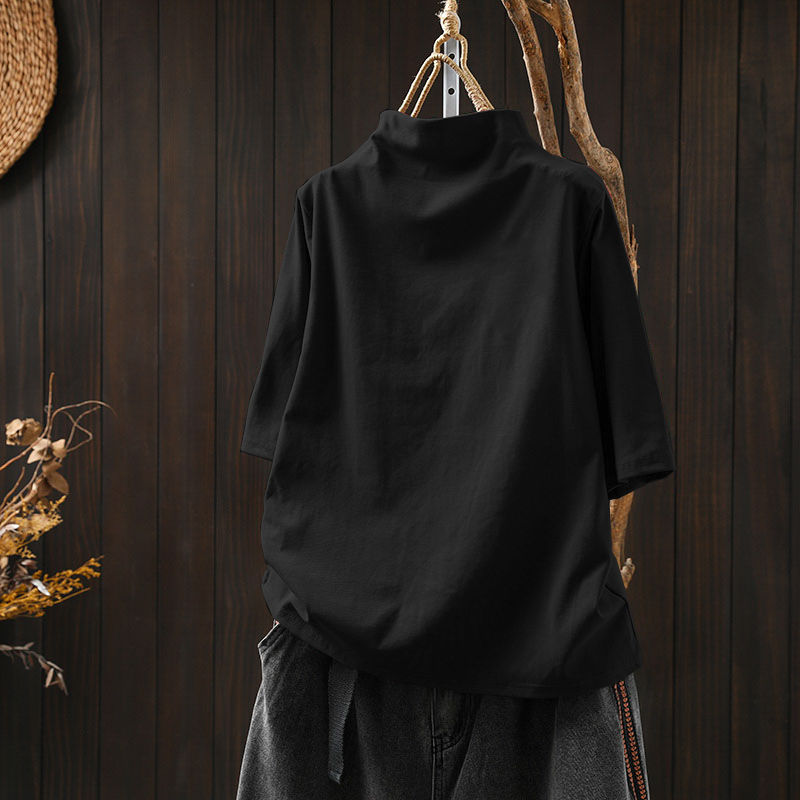 純棉半高領寬鬆顯瘦百搭素色五分袖T恤-Cicimode