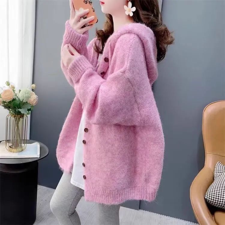 慵懶風百搭韓版寬鬆連帽針織開衫-Cicimode