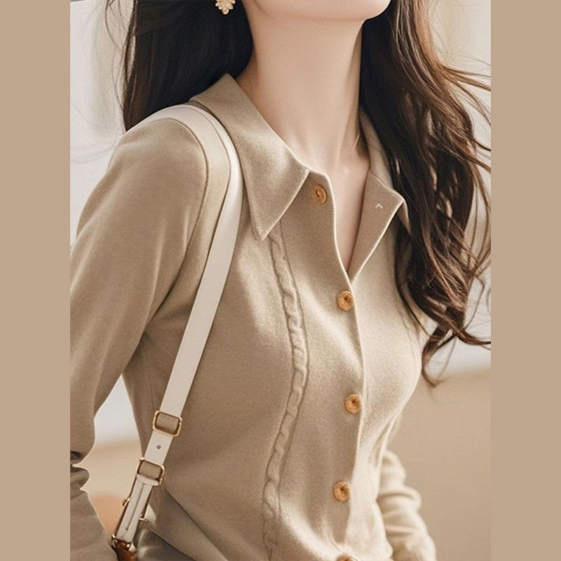 法式氣質百搭翻領顯瘦針織開衫-Cicimode