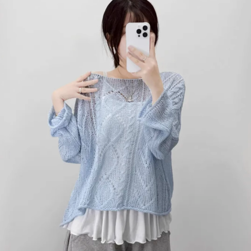 一字露肩麻花薄款鏤空長袖罩衫針織衫-Cicimode