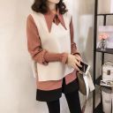 紅色襯衫+杏色馬甲/兩件套