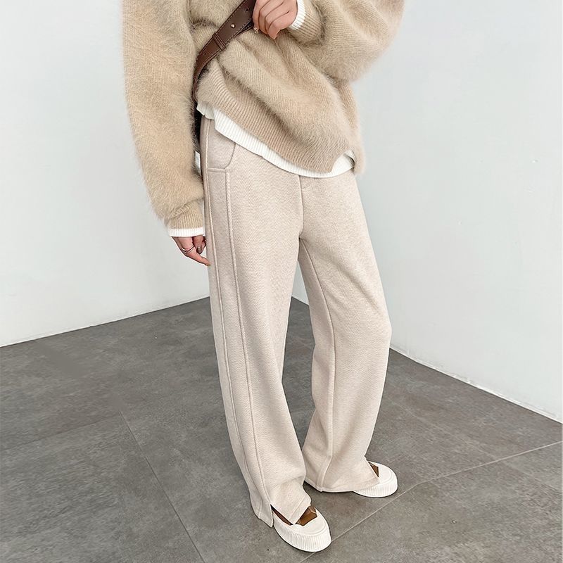 人字紋刷毛闊腿毛呢開叉直筒窄版香蕉褲-Cicimode