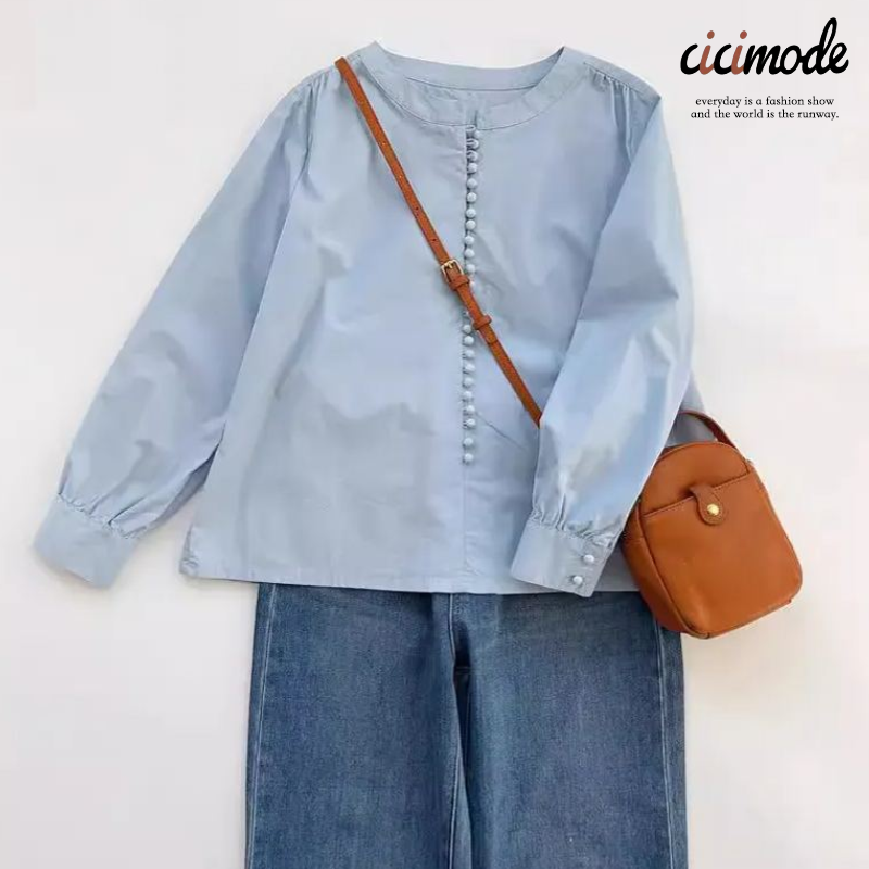 韓系霧霾藍圓領小眾棉質排扣襯衫