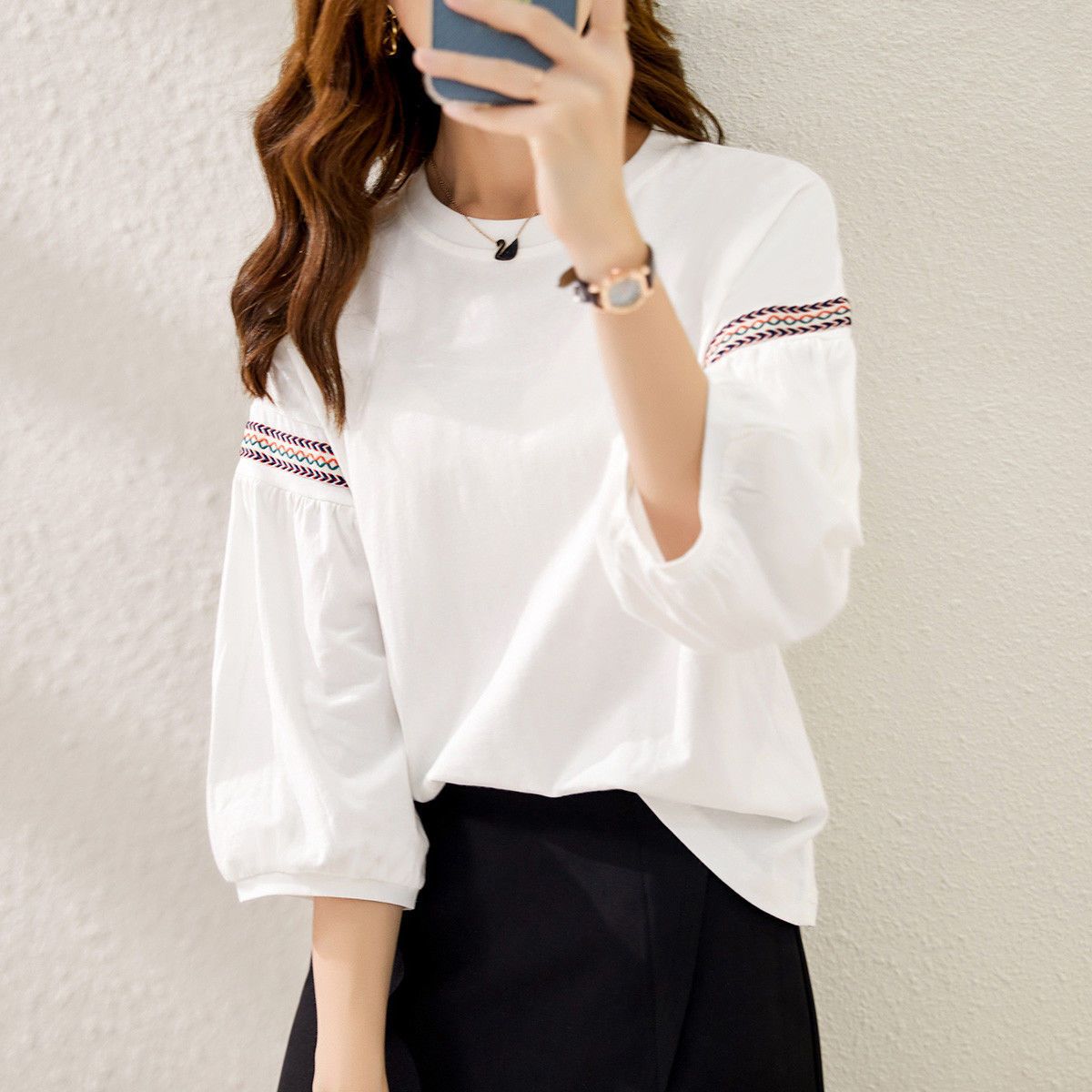 減齡顯瘦小清新簡約純棉七分燈籠袖T恤-Cicimode