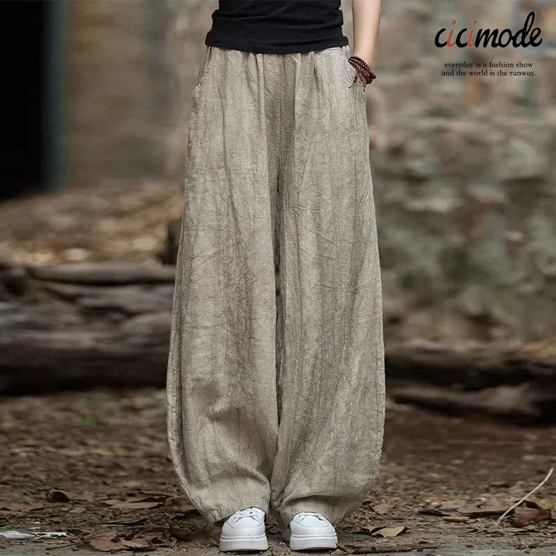 復古扎染做舊棉麻寬鬆顯瘦肌理感高腰休閒褲-Cicimode