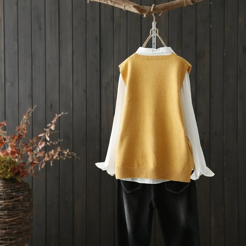 文藝范V領提花背心百搭坎肩套頭針織馬甲