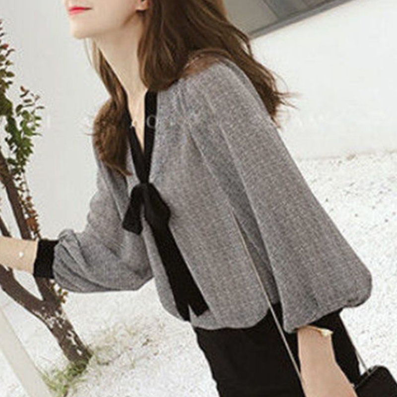 洋氣文藝甜美蝴蝶結V領雪紡襯衫