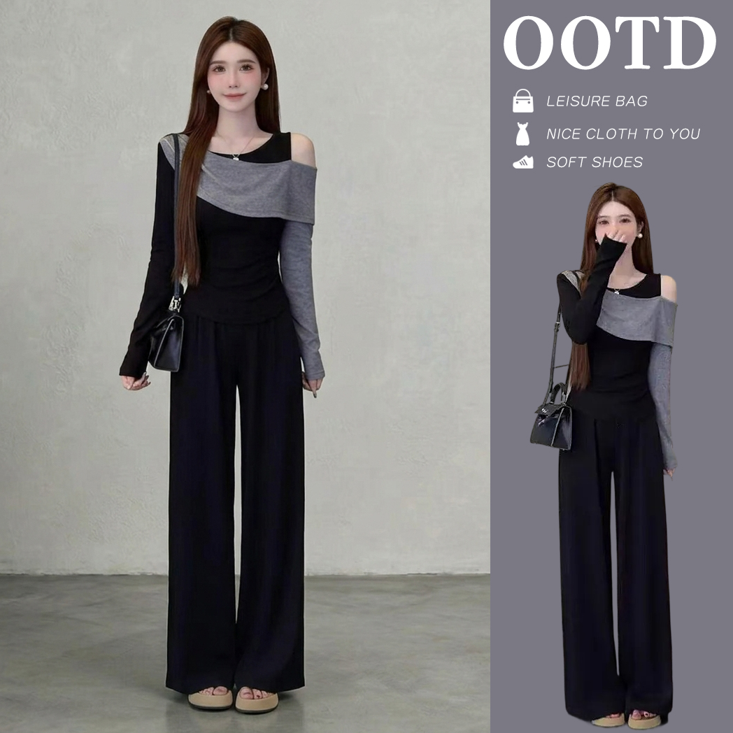 【單件/套裝】韓版高級感氣質撞色拼接露肩不規則上衣+高腰長褲兩件套裝