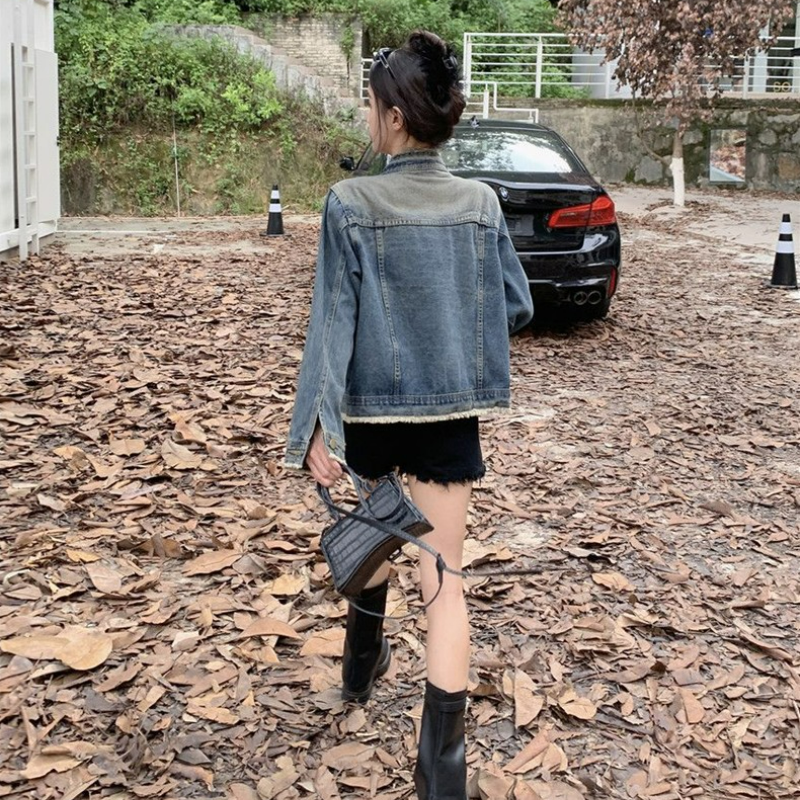寬鬆顯瘦設計港風復古毛邊夾克水洗牛仔外套