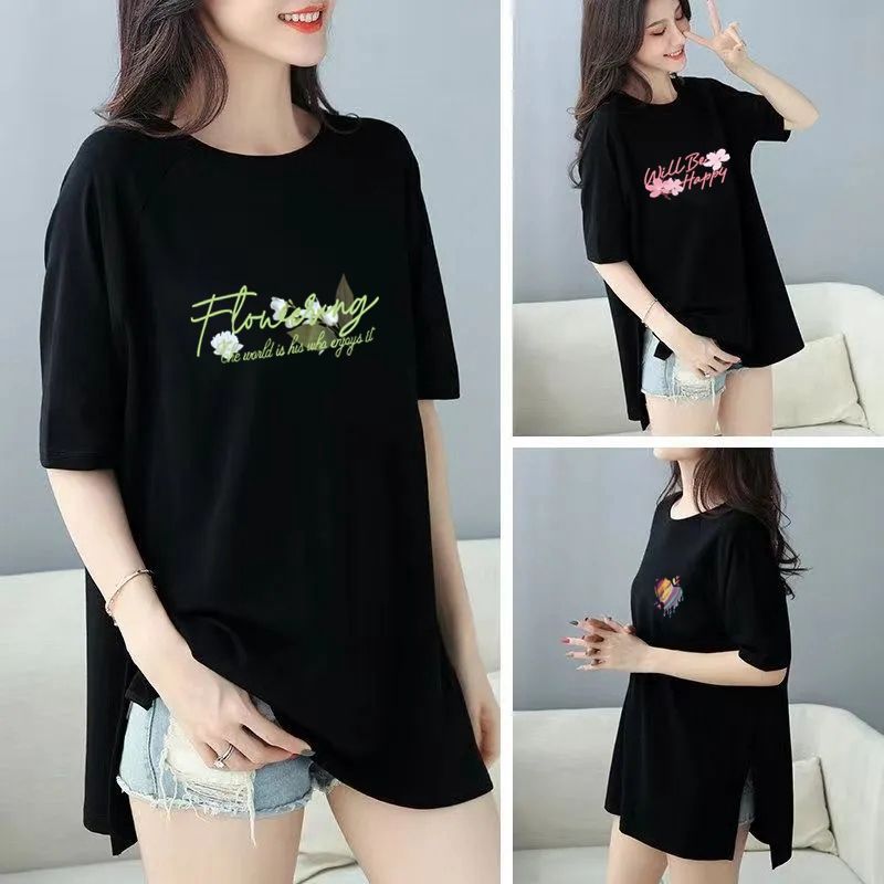 韓版寬鬆印花中長款兩邊開叉短袖T恤-Cicimode