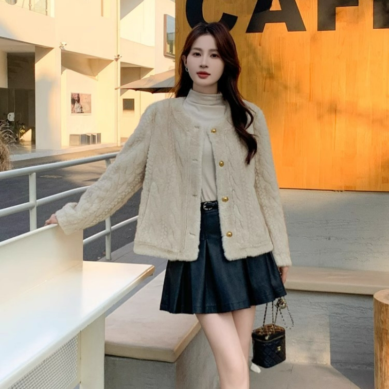 小香風高級感加厚圓領時尚夾棉洋氣外套-Cicimode