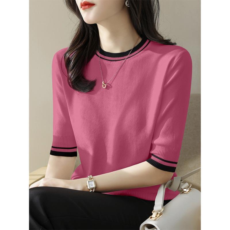 時尚百搭拼色氣質圓領冰絲針織短袖-Cicimode