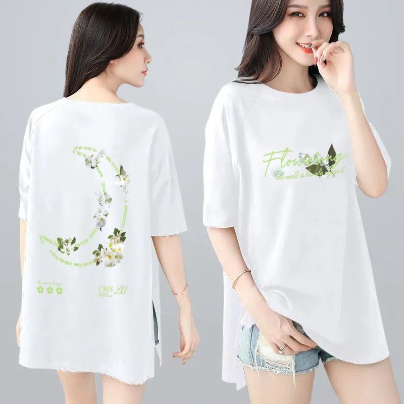 韓版寬鬆印花中長款兩邊開叉短袖T恤-Cicimode