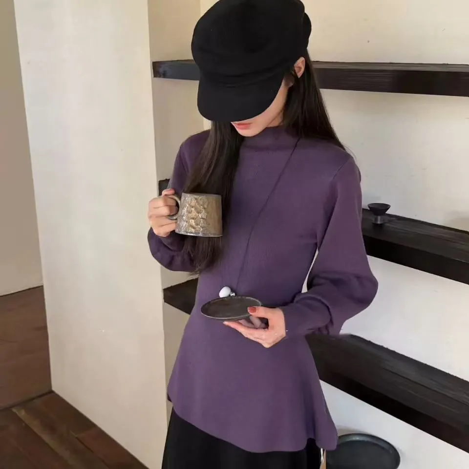 法式半高領燈籠袖獨特收腰慵懶氣質針織毛衣-Cicimode