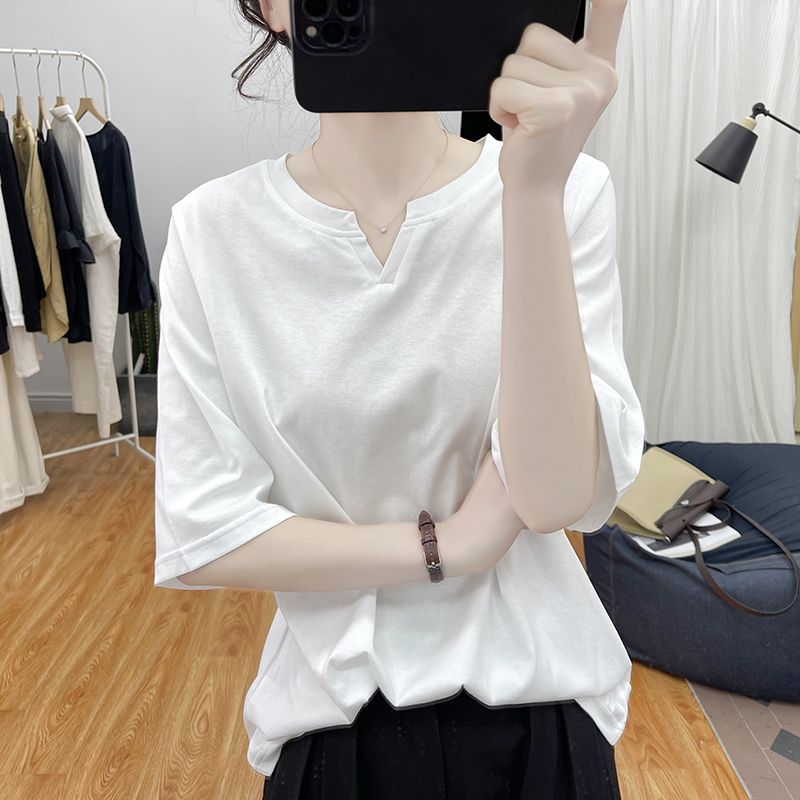 時尚減齡純棉設計感小V領寬鬆短袖T恤-Cicimode