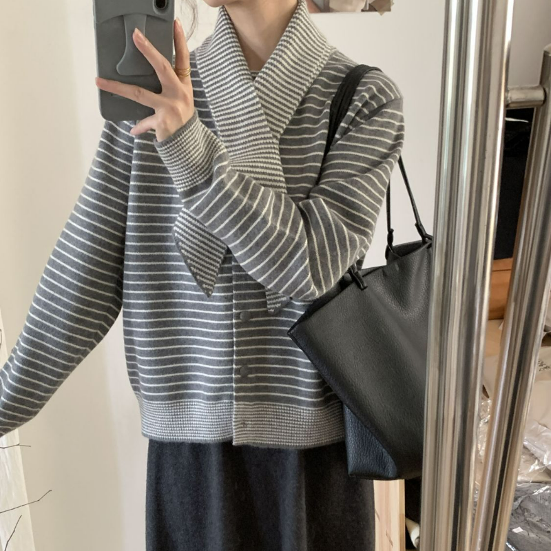 【單件/套裝】韓系復古高級感條紋寬鬆針織衫毛衣+圍巾+高腰半身裙三件套-Cicimode