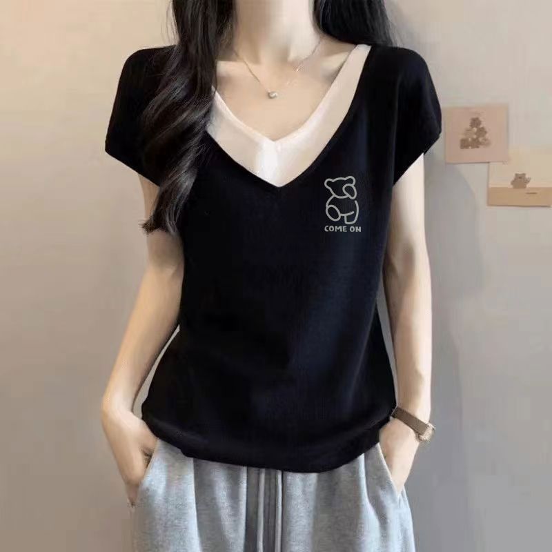 純棉多款式洋氣寬鬆大碼顯瘦V領假兩件短袖T恤-Cicimode