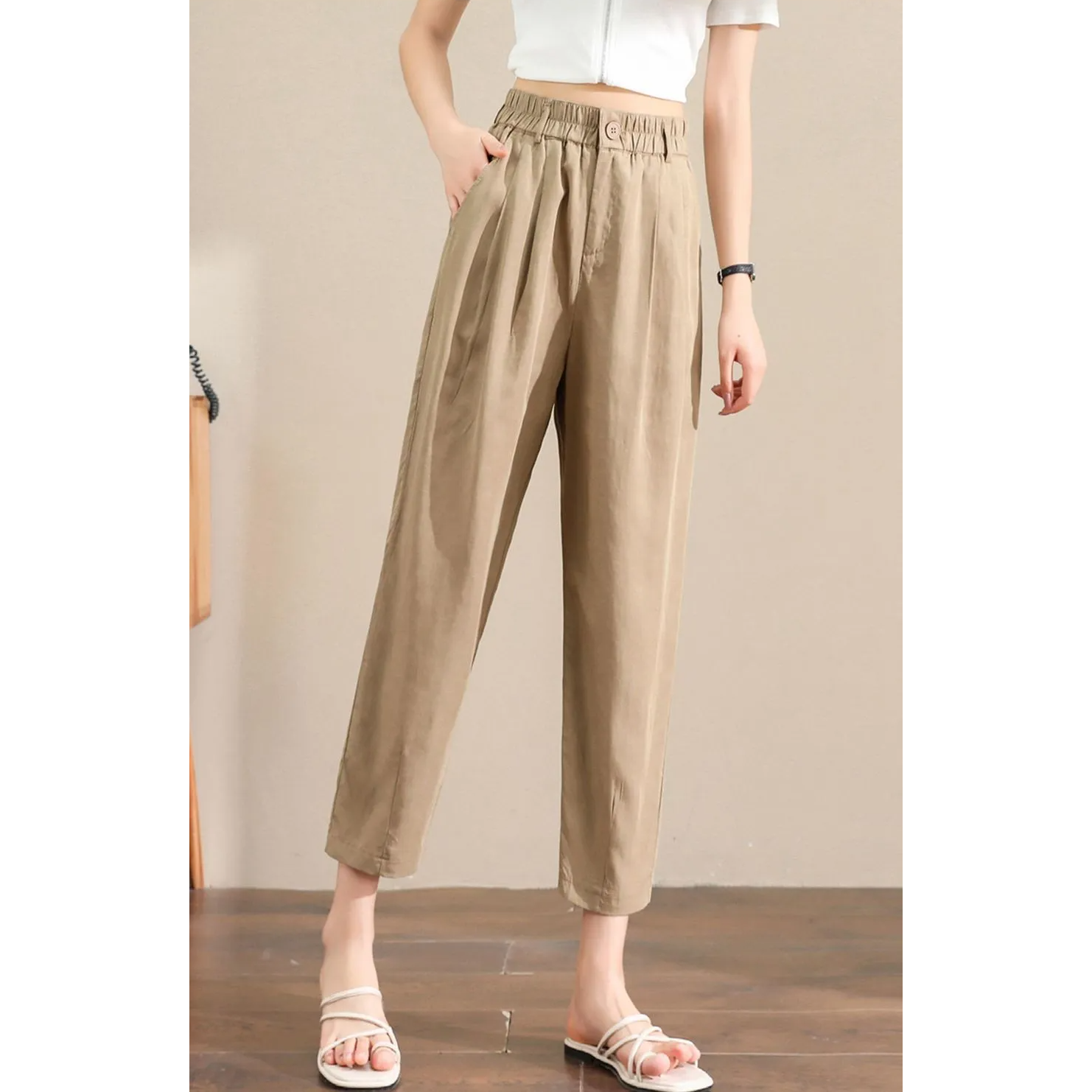 天絲棉麻薄款顯瘦遮肉透氣哈倫九分褲-Cicimode