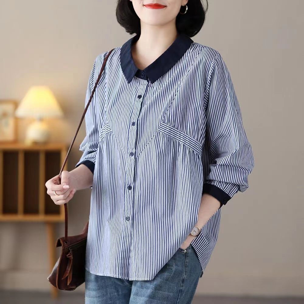 條紋百搭娃娃領長袖顯瘦襯衫-Cicimode