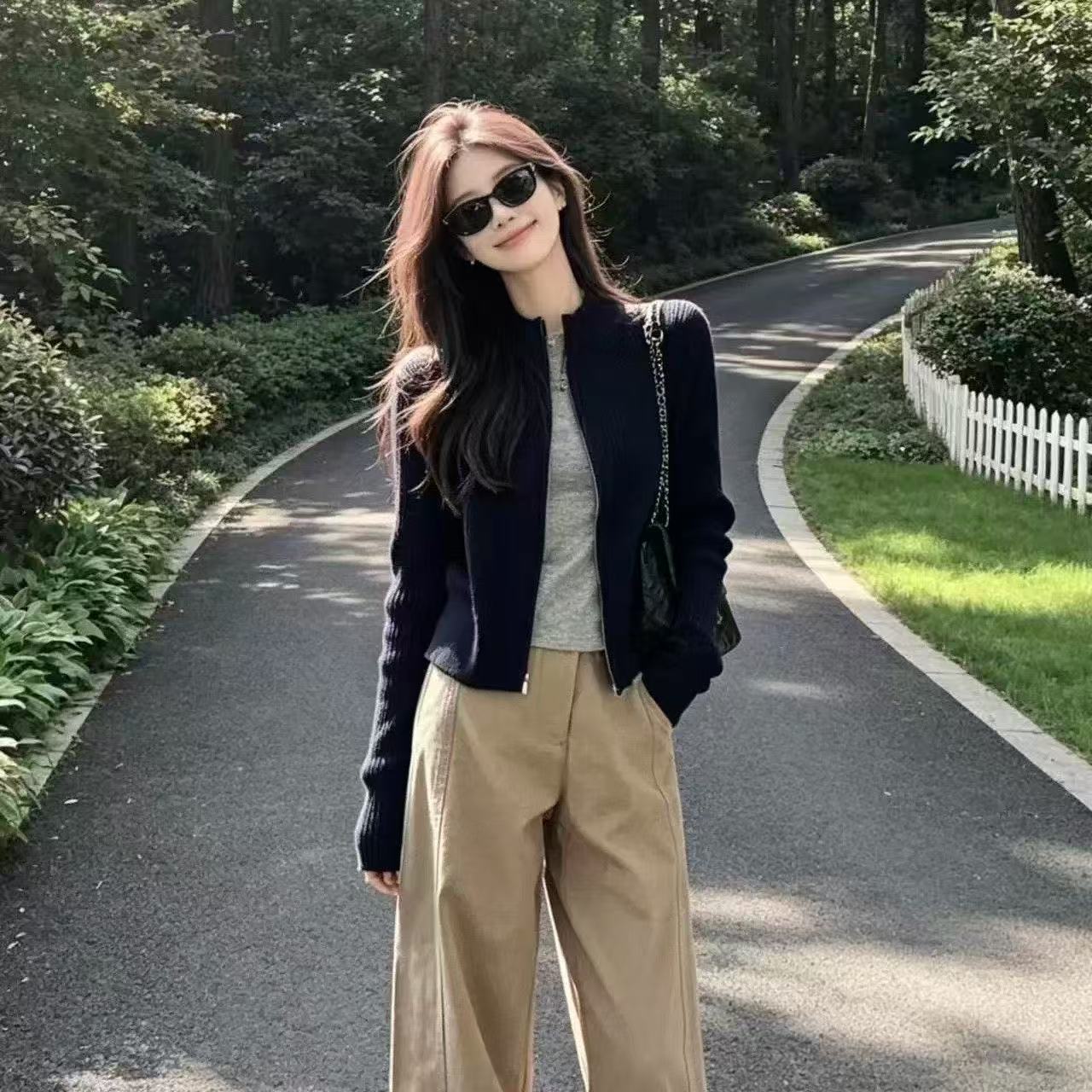 佑詩老錢風立領簡約短款氣質顯瘦拉鏈針織外套