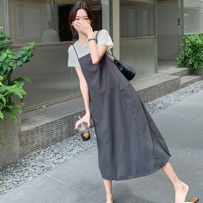 【整套】特大碼工裝休閑吊帶裙+簡約顯瘦短袖T恤兩件套