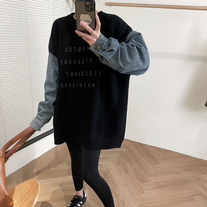 慵懶風百搭寬鬆牛仔袖拼接針織長袖-Cicimode