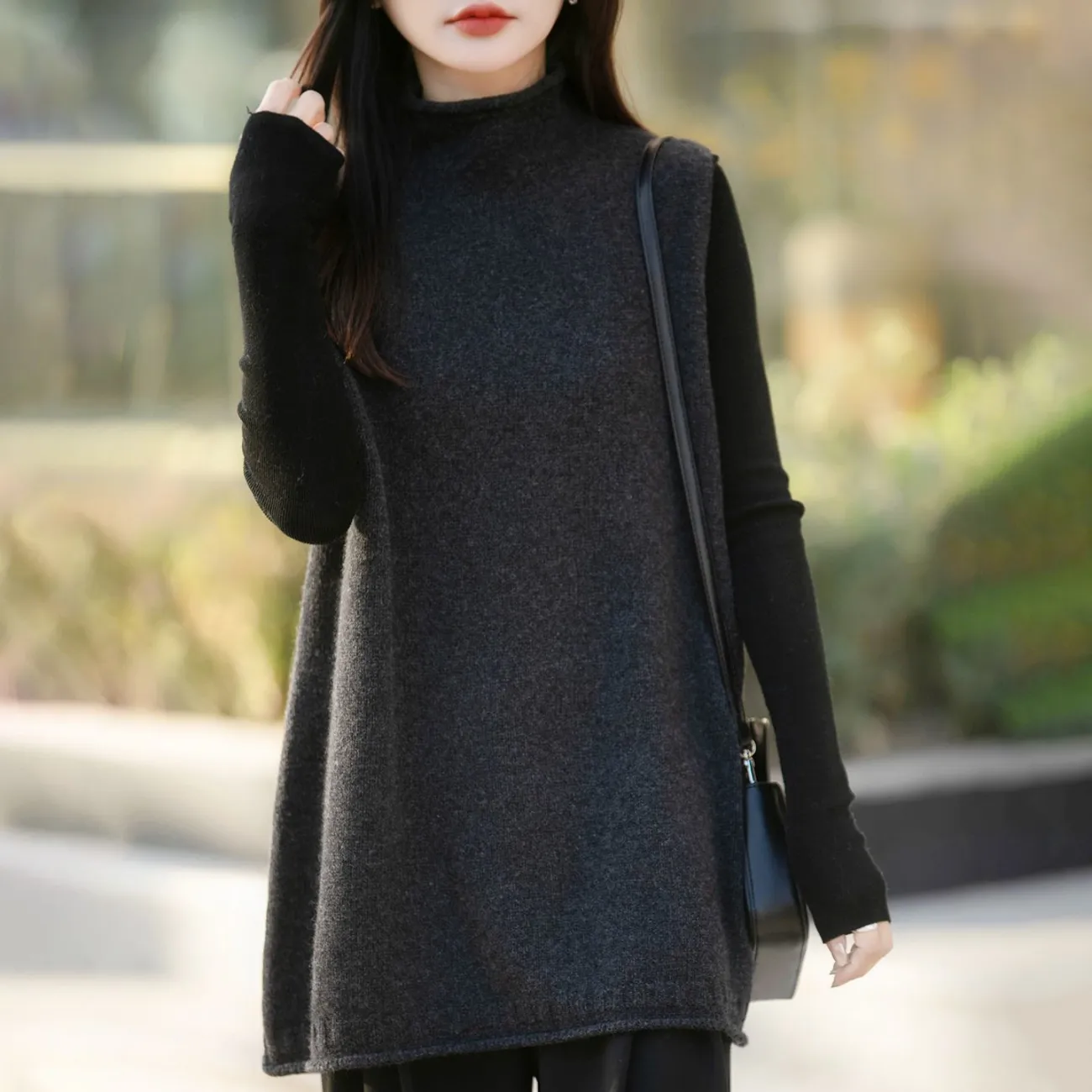 半高領中長版寬鬆疊穿背心百搭坎肩羊毛針織馬甲