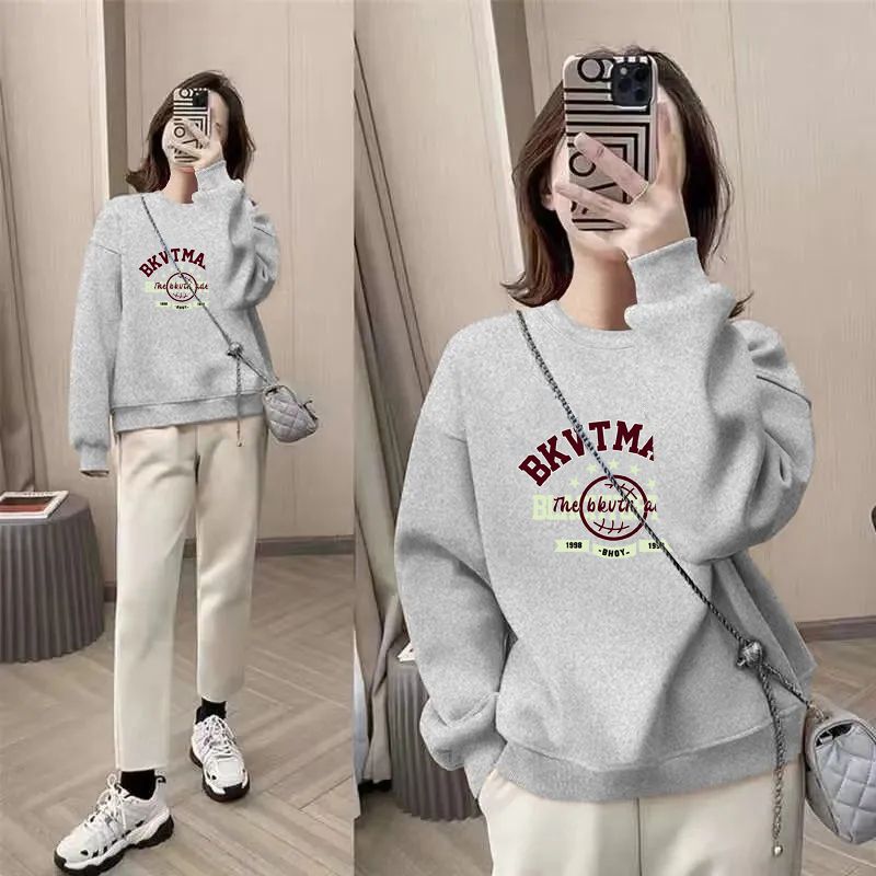 薄款oversize寬鬆印花圓領洋氣大碼長袖T恤