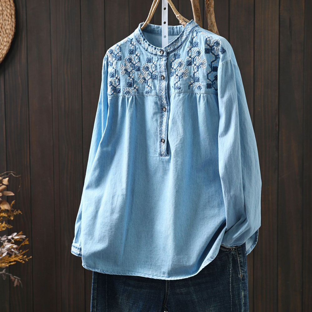 刺繡立領寬鬆牛仔復古套頭長袖襯衫