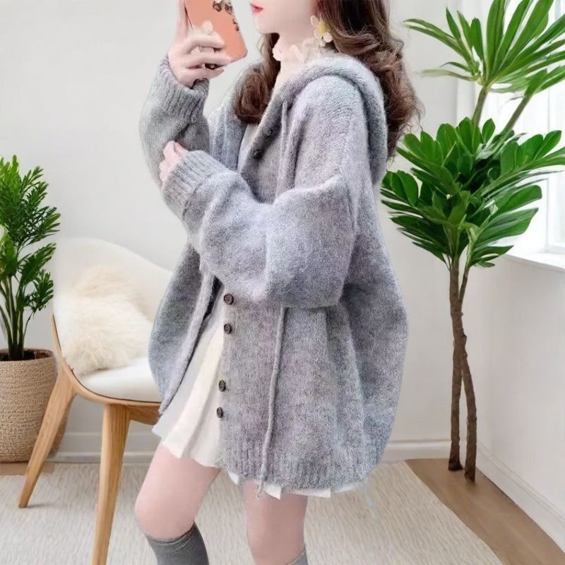 慵懶風百搭韓版寬鬆連帽針織開衫-Cicimode