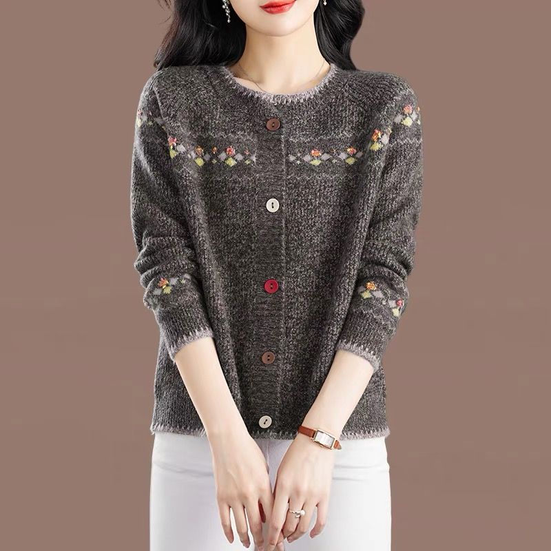 氣質休閒減齡復古寬鬆花紗針織開衫-Cicimode