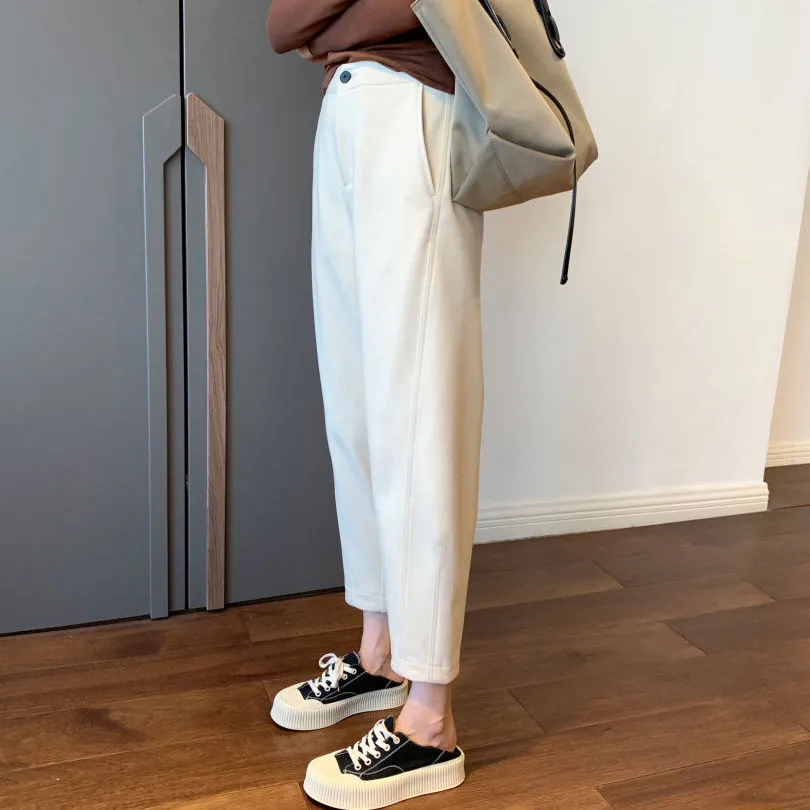 刷毛加厚高腰顯瘦蘿蔔褲休閒毛呢哈倫褲-Cicimode