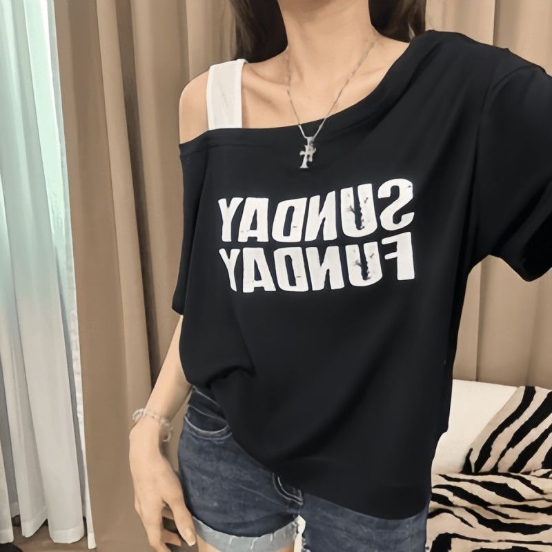 韓版時尚寬鬆顯瘦斜肩吊帶撞色字母短袖T桖-Cicimode
