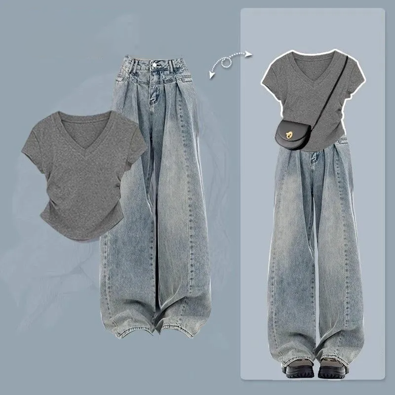 【套装】韓系甜酷V領短袖T恤 +美式復古高腰牛仔褲兩件套裝-Cicimode