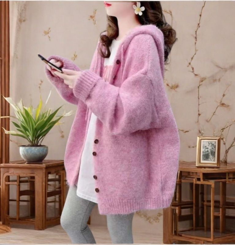 慵懶風百搭韓版寬鬆連帽針織開衫-Cicimode