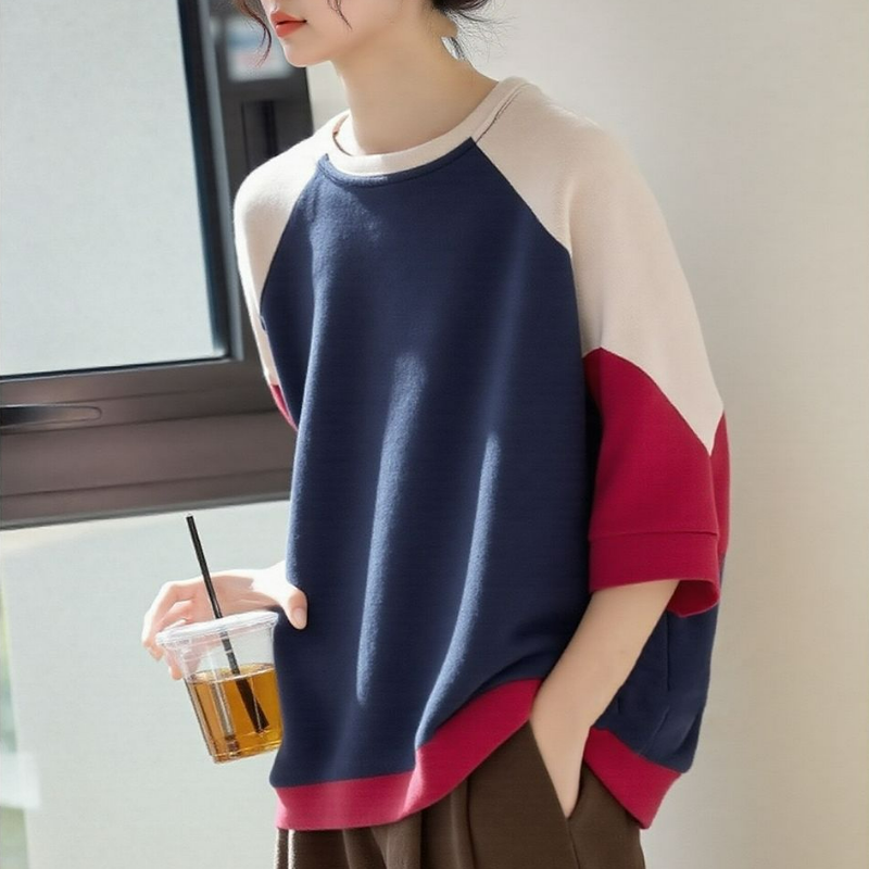 純棉寬鬆圓領文藝休閒五分袖大碼撞色t恤-Cicimode