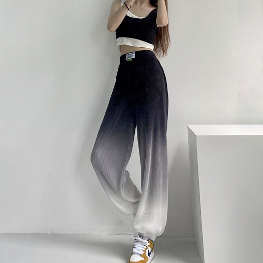 直筒垂感寬鬆休閒肌理感壓褶漸變束腳褲