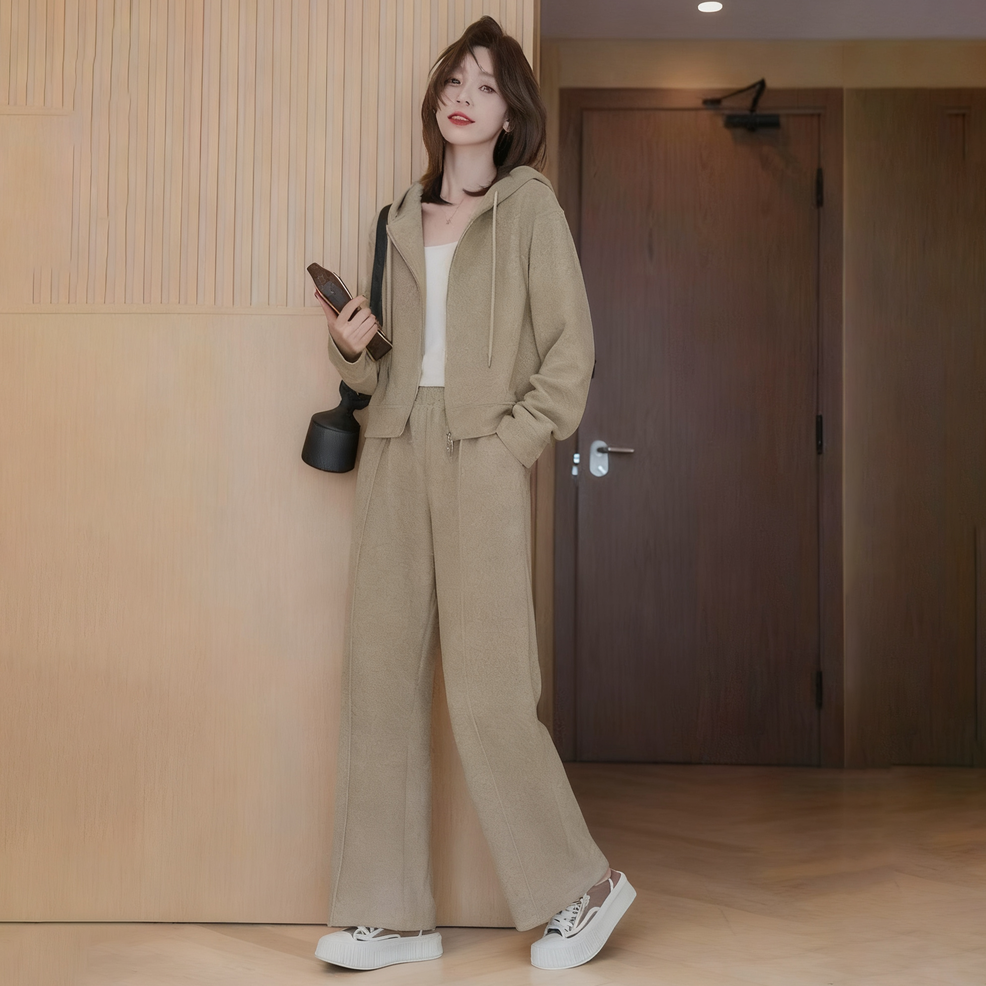 【單件/套裝】時尚連帽短版雙拉鏈外套+直筒休閒褲兩件套-Cicimode