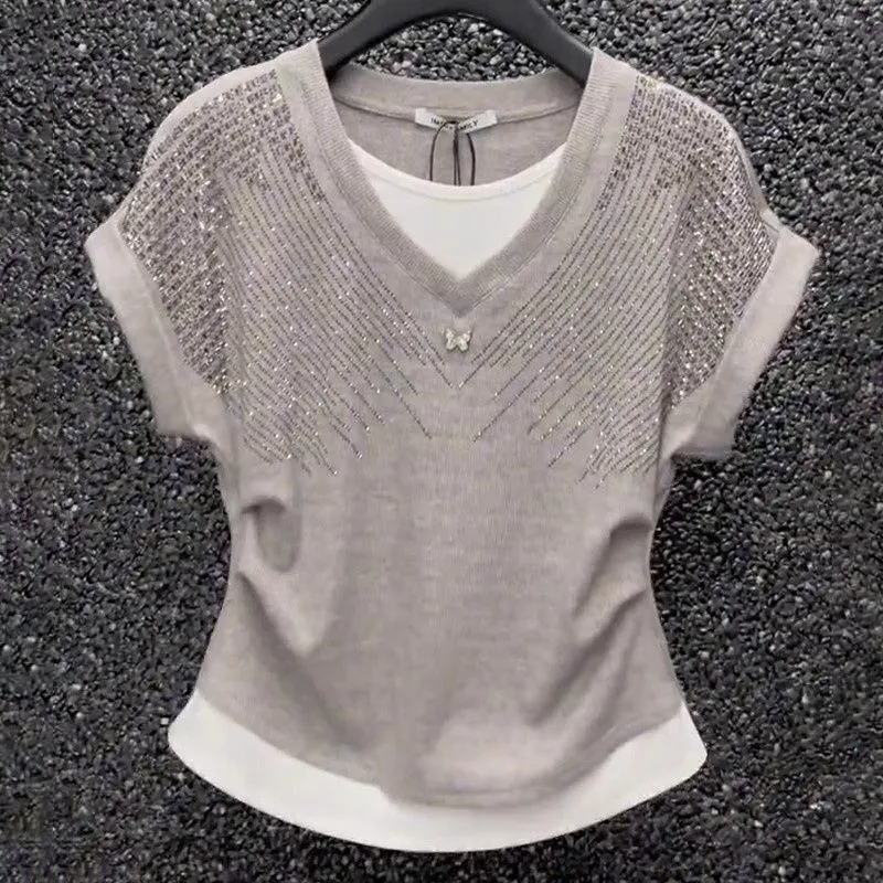 燙鑽撞色假兩件氣質收腰顯瘦V領T恤